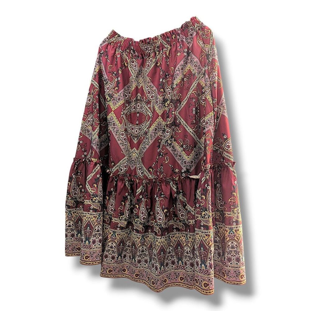 NWOT Wine Paisley Pleated Midi Skirt Elastic Waist Purple Yellow  White XL/XXL